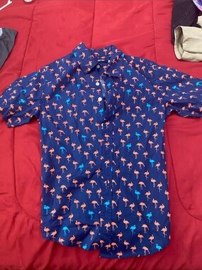 Univibe Navy Short-Sleeve Button-Up with Coral & Teal Flamingo Print